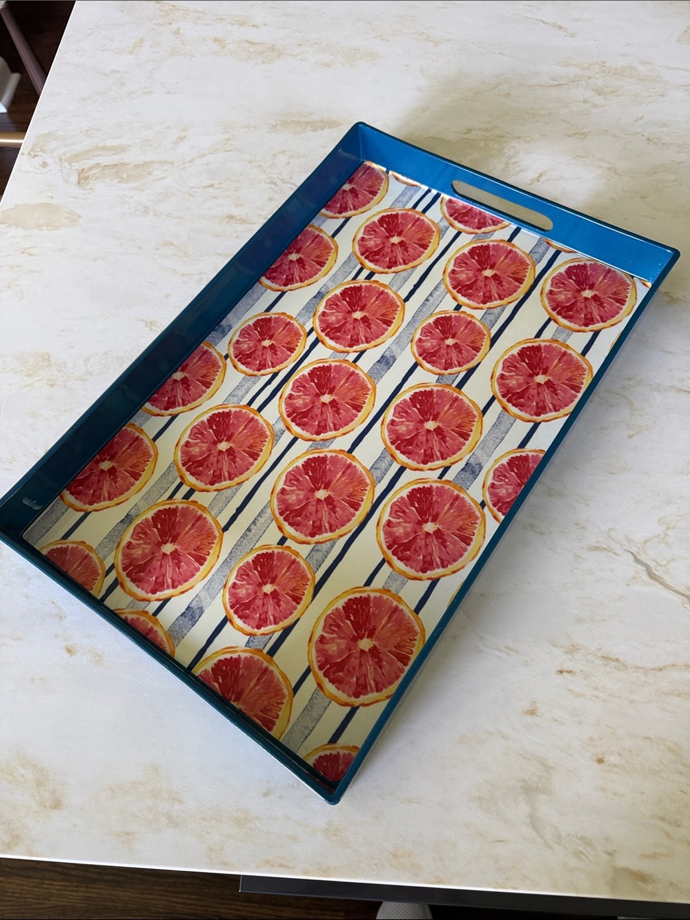 Blue Citrus Serving Tray with Pink Grapefruit Pattern